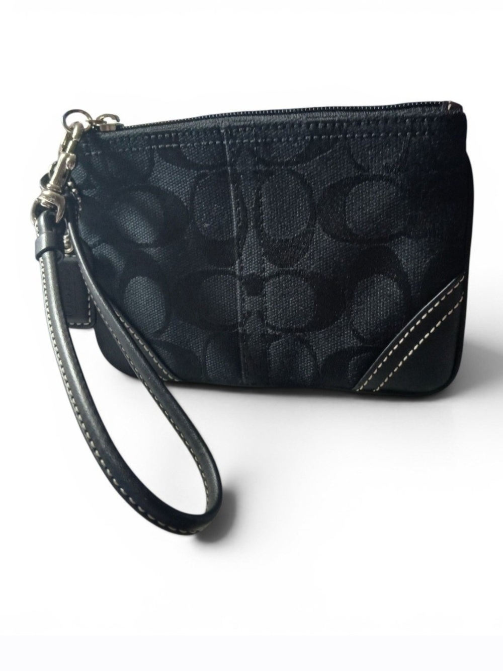 Coach Black Signature Canvas Wristlet with Leather Trim